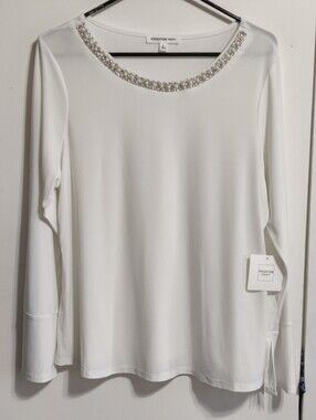 Perceptions White Crystal-Embellished Long Sleeve Crewneck Top